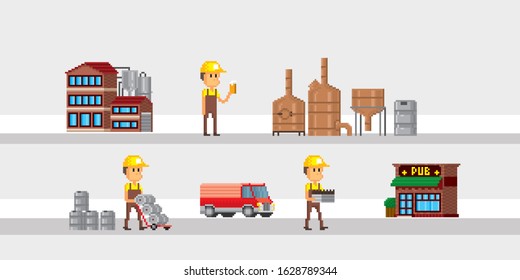 Stages of beer production. Brewing. Infographics. Element design for logo, stickers, web, embroidery and mobile app. Isolated vector illustration. 8-bit sprite.
