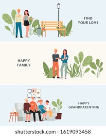Stages of building family - isolated set of cartoon characters meeting, having a baby and becoming grandparents. People in love growing old - flat vector illustration.