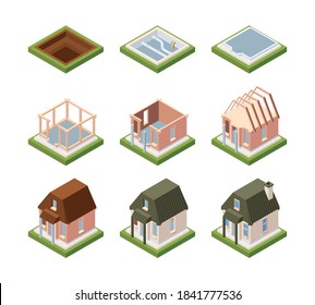 Stages of building house isometric. Excavation foundation and laying communications formation of building frame and mounting roof setting windows and doors with painting. Vector process.
