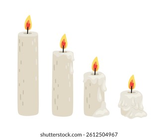 Stages of burning candle vector illustration. Melting candles with dripping wax original artwork