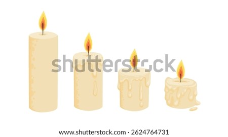 Stages of burning candle vector illustration. Melting candles with dripping wax original artwork. Burn process in different stages. On white background for your design
