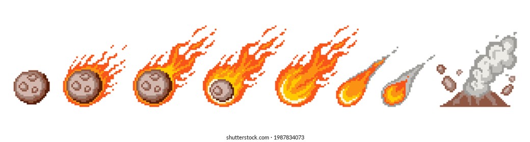 Stages of burning and falling pixel meteorite set. Burning asteroid is gradually turning into flaming comet. Fiery drop with steaming vector funnel