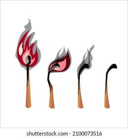 Stages of burning matches, flame and smoke from matches