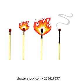 Stages of burning matches. Match flame. Extinguished match