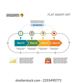 Etapas del desarrollo empresarial en la ilustración de vector de línea. Dibujo de caricaturas de infografía de negocios para publicidad, folleto o investigación. Concepto de administración para diapositiva de informe o presentación