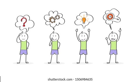 Stages of business implementation, startup, problem solving. Cartoon character. Flat design.