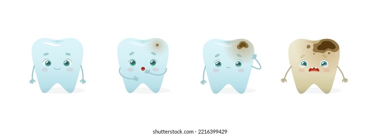 Stages of caries with cartoon tooth mascot. Stage of tooth decay. Dental problem illustrations for kids.