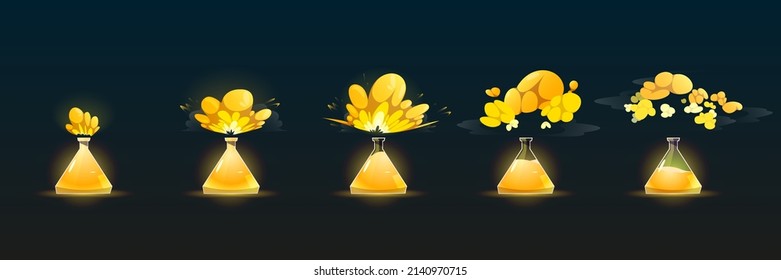 Stages Of Chemical Reaction In Lab Flask, Science Experiment With Yellow Fluid. Vector Cartoon Illustration Of Sprite Sheet Of Explosion Of Liquid Reagent In Beaker And Smoke Clouds