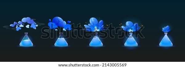 Stages of chemical reaction in lab flask,\
backwards animation sprite sheet. Scientific laboratory experiment\
with blue fluid explosion, reagent in beaker and smoke clouds,\
Cartoon vector\
illustration