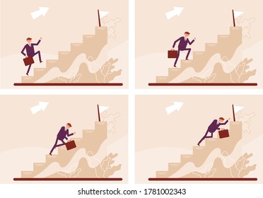Stages of climbing the stairs. Manager career. Color vector cartoon illustration.