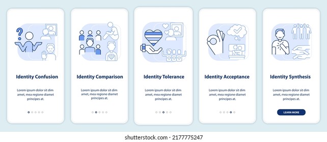 Etapas de la salida de la pantalla azul claro de la aplicación móvil. Recorrido 5 pasos instrucciones gráficas editables con conceptos lineales. UI, UX, plantilla GUI. Multitud de tipos de letra Pro-Bold, con uso regular