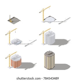 Stages Of Construction Of A High-rise Building Isometric Icon Set Vector Graphic Illustration Design