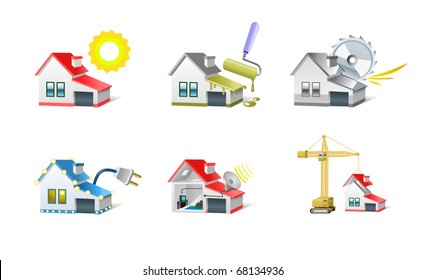 Stages Of Construction House, Icon Set Isolated On White