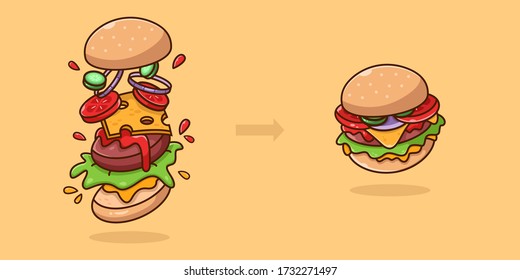 Stages of cooking a burger on an isolated background. Beautiful cartoon flat illustration. Suitable for Web Landing Page, Banner, Flyer, Sticker, Card. The ingredients turn into a beautiful burger.
