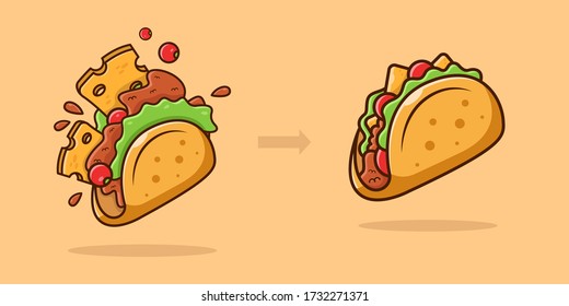 Stages of cooking a taco on an isolated background. Beautiful cartoon flat illustration. Suitable for Web Landing Page, Banner, Flyer, Sticker, Card. The ingredients turn into a beautiful taco.