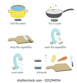 Stages of cooking (Vector). Icons for cooking site. Boil the water, fry in a pan, chop the vegetables, wash the vegetables, pure water.