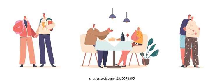 Stages of Couple Relations Isolated on White. Man and Woman Start Dating Getting Married, and Pregnancy