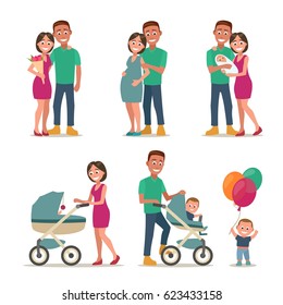 Stages of creating a family. Couple in love, pregnancy, the birth of a child, parents with baby carriage, son is playing balloon. Color flat vector illustration isolated on white background.