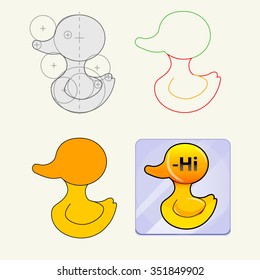 Stages of creation of a logo for duck chat. Vector illustration