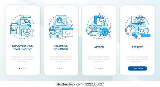 Stages of cybercrime attacks blue onboarding mobile app screen. Walkthrough 4 steps editable graphic instructions with linear concepts. UI, UX, GUI template. Myriad Pro-Bold, Regular fonts used