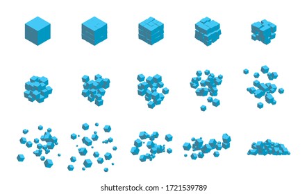 Stages of destruction of a cube by an explosion. Template for web illustrations and computer graphics. Vector illustration
