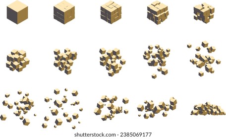 Stages of destruction of a cube by an explosion. Template for web illustrations and computer graphics. Vector illustration
