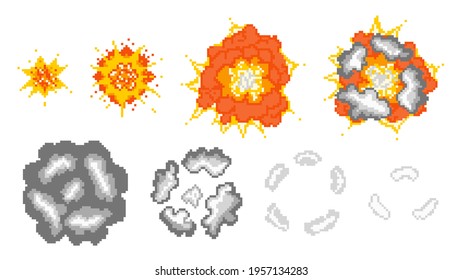 Stages Destructive Pixel Explosion Illustration. Initial Flash Increase In Fireball And Red Powerful Detonation With Smoke Dispersion And Disappearance Vector Gray Clouds.