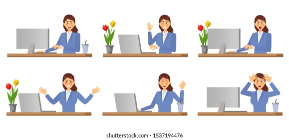 Stages of doing work on a laptop. Businesswoman works at a computer. The working process. Vector illustration