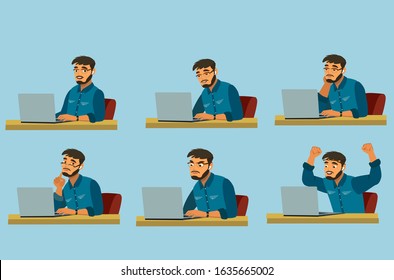 Stages of doing work on a laptop. A bearded man works at a computer. The working process. Vector illustration in cartoon style.