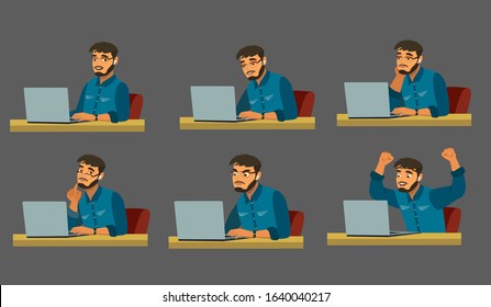 Stages of doing work on a laptop. A bearded man works at a computer. The working process. Vector illustration in cartoon style.