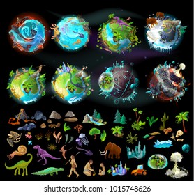 Stages of Earth evolution, vector cartoon creation set with various colorful icons, plants, animals, rocks, dinosaurs. Timeline, the origin of life and death, elements for infographic and game design