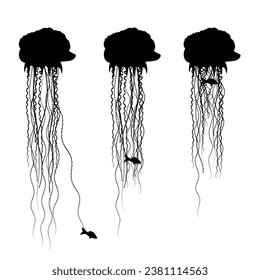 Stages of eating fish of Portuguese man o' war vector black illustration isolated on white background. Silhouette of dangerous Physalia physalis.