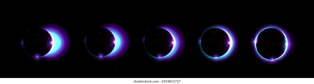 Stages of eclipse of sun by moon. Realistic vector illustration set of different steps of stellar corona from crescent to ring. Blue astronomy galaxy circle with neon glow effect, rays and sparkles.