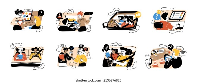 Stages of education process in driving school. Set of men and women studying rules of road, passing test and driving car with instructor. Cartoon flat vector collection isolated on white background