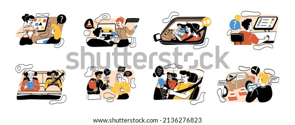 Stages of education process in driving school.\
Set of men and women studying rules of road, passing test and\
driving car with instructor. Cartoon flat vector collection\
isolated on white\
background