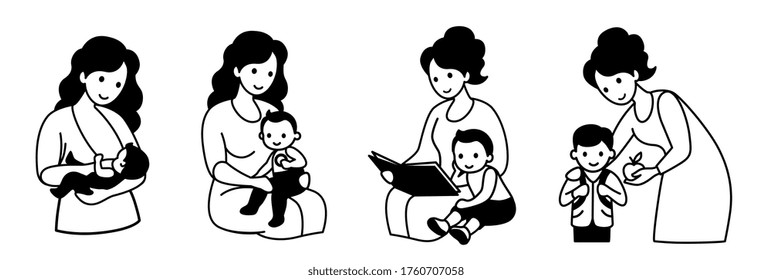 stages, epats of growing up a child, a young mother breast-feeds a baby, sits with a baby 6–9 months old, reads a book to a 2-3-year-old child, collects her son at school, gives an