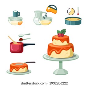 Stockwerke und Ausrüstung, die Geburtstagskuchen herstellen. Beat gelbe Kruste Masse mit Mixer und backen in Ofen orange Glaze mischen und ausbreiten Schornstein auf schöne zwei gestufte Kuchen. Cartoon süße Vektorgrafik.