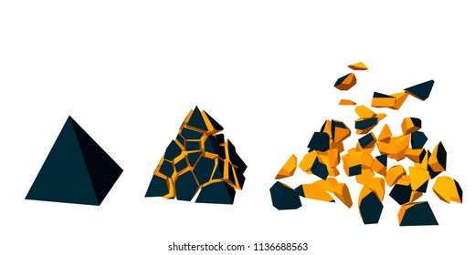 Stages of explosion of pyramid. Isolated on white background. 3d Vector illustration. 