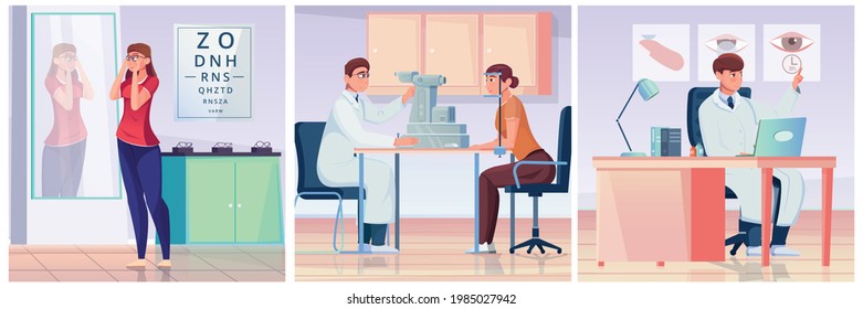 Stages of eye examination in the ophthalmology office flat vector illustration