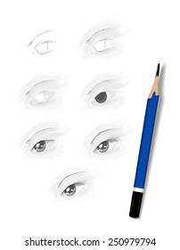 Stages eye sketching pencil on white paper.