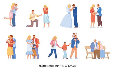 Stages of family. Couple marriage concept, parent planning relationship pregnancy plan birth boy, people generation cycle happy parents wedding kids, vector illustration. Development family together