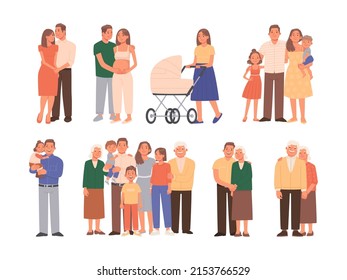 Stages of family development. The relationship of generations. Love, birth and upbringing of children. A set of portraits of family members. Dad and mom children grandma and grandpa. Vector illustrati