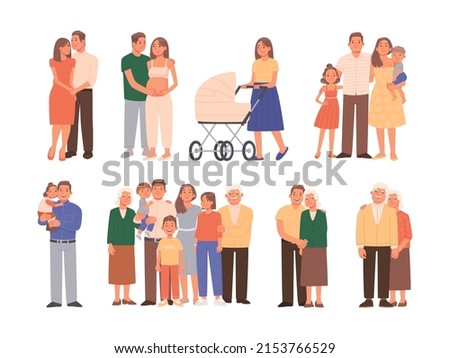 Stages of family development. The relationship of generations. Love, birth and upbringing of children. A set of portraits of family members. Dad and mom children grandma and grandpa. Vector illustrati