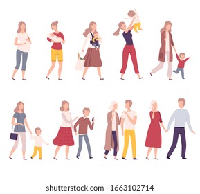 Stages of Family Development Set, Mother with Her Growing Daughter, Happy Parenthood Flat Vector Illustration