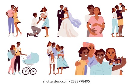 Etapas del desarrollo familiar. Relación inicial, matrimonio, embarazo, parto y paternidad. Feliz pareja con hijo e hija. Dibujo vectorial plano de dibujos animados aislado en fondo blanco