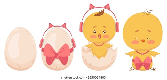 Estágios da menina do ovo ao bebê. Conjunto de elementos isolados ovo, ovo com arco vermelho, pintinho amarelo com casca, pássaro jovem. Personagens antropomórficos bonitos simples para design e decoração infantil
