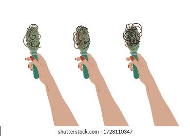 Stages of female hair loss concept.Woman hand holding a brush with piles of hair.Visual self control of an amount of hair loss.Stock vector illustration in flat style.