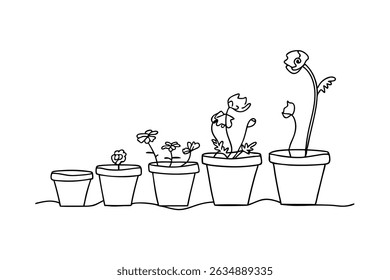 Stages of flower growth depicted in simple hand drawn line art in pots
