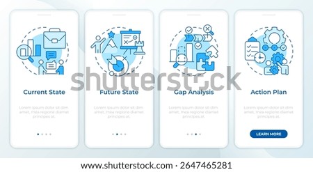 Stages of gap analysis blue onboarding mobile app screen. Business data. Walkthrough 4 steps editable graphic instructions with linear concepts. UI, UX, GUI
