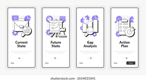 Estágios da tela de integração móvel de análise de lacunas. Ilustração da interface do usuário do UX de exploração de dados corporativos. Ícones de estilo de estrutura de tópicos plana com acento roxo